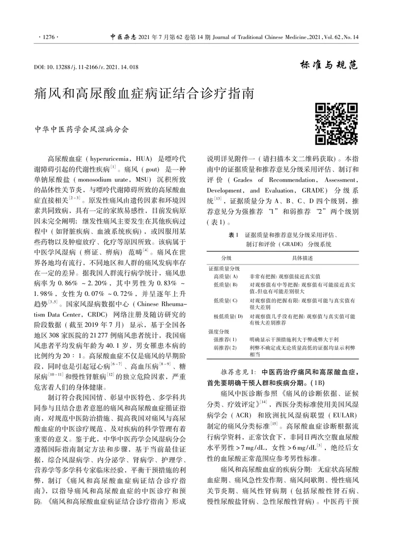 【内分泌领域】痛风和高尿酸血症病证结合诊疗指南