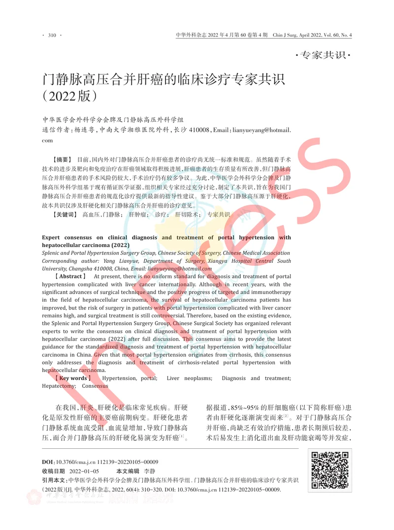 门静脉高压合并肝癌的临床诊疗专家共识（2022版）