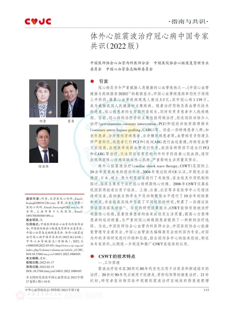 体外心脏震波治疗冠心病中国专家共识（2022版）