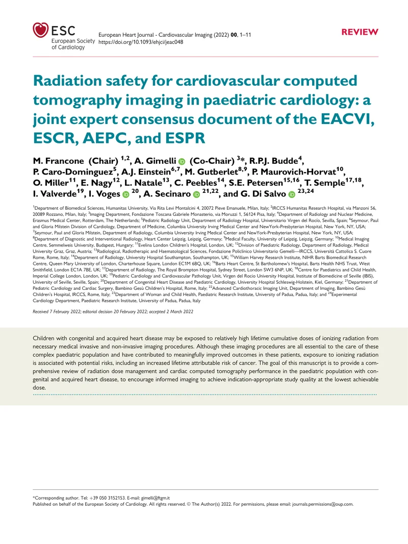 EACVI_ESCR_AEPC_ESPR：儿童心血管CT检查的辐射安全性的共识文件（2022）