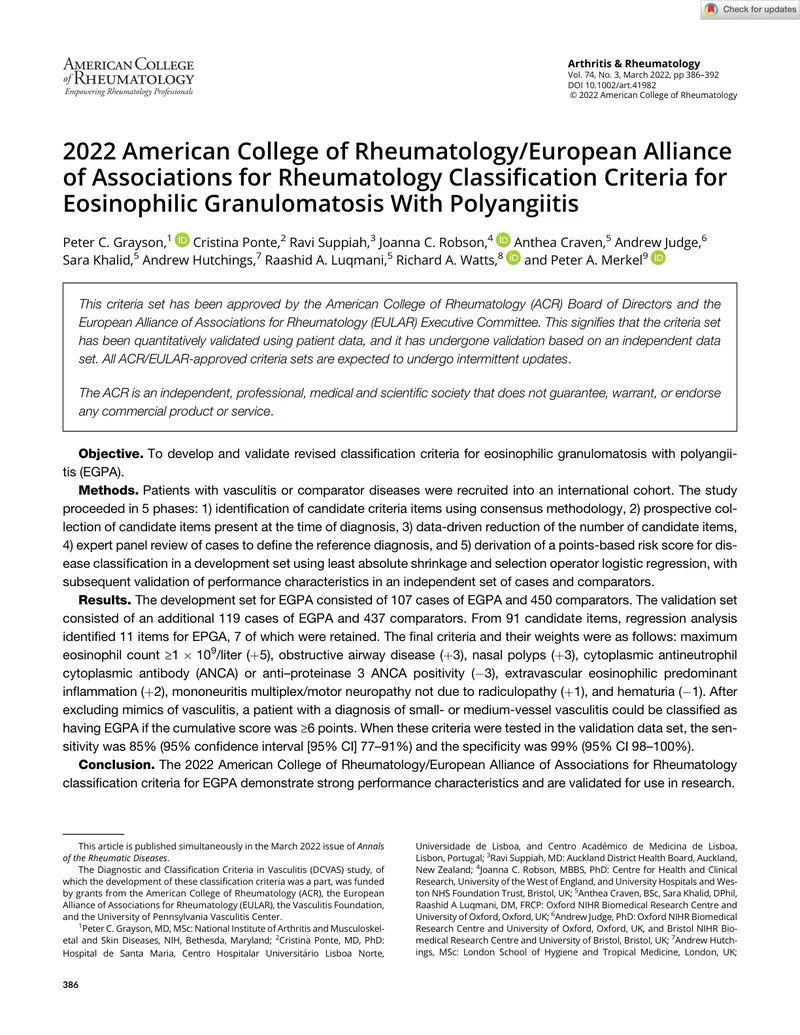 ACR_EULAR：嗜酸性肉芽肿性多血管炎的分类标准（2022）