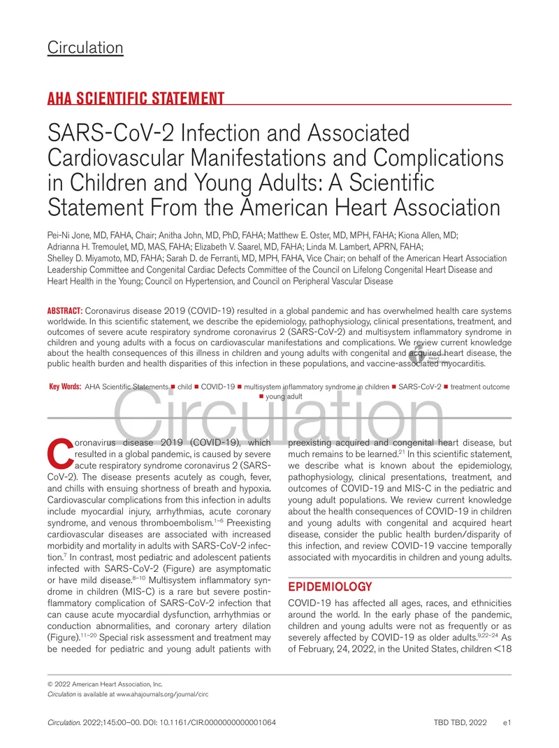 AHA：儿童和青年人群SARS-CoV-2感染及相关心血管表现和并发症的科学声明（2022）