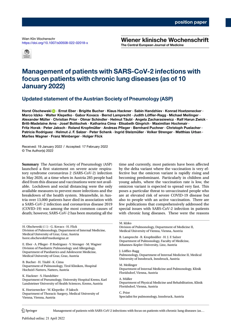ASP：SARS-CoV-2感染者的管理声明&mdash;&mdash;重点关注慢性肺病患者（2022）