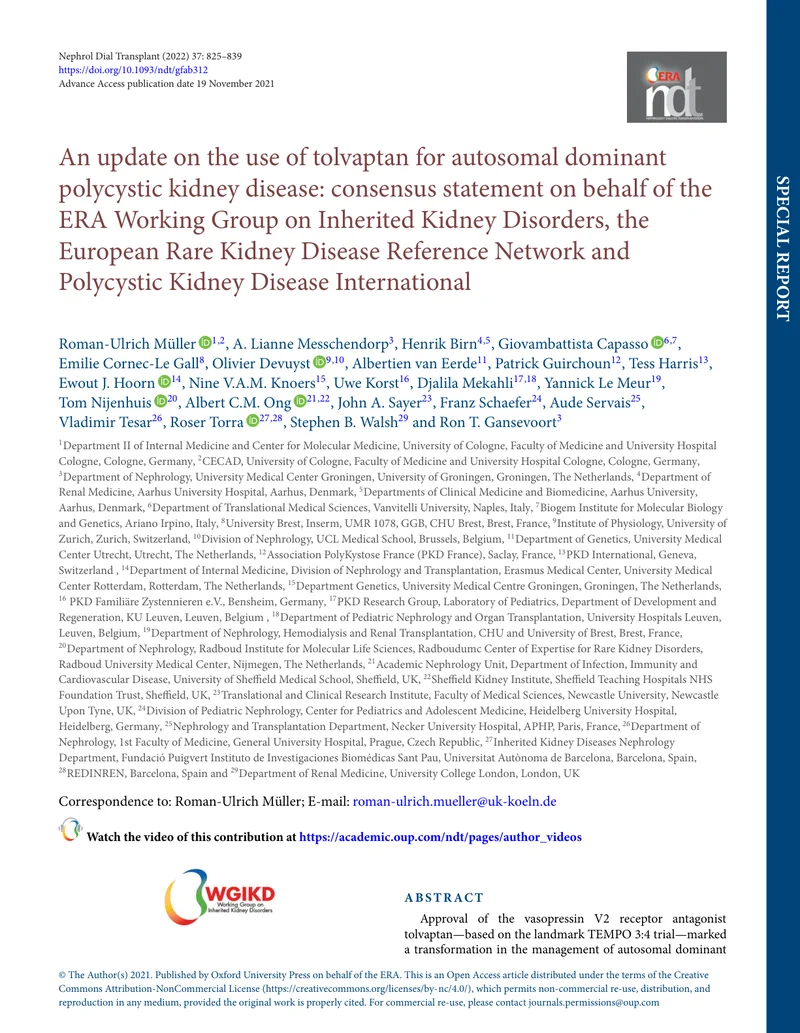 ERA_ERKNet：应用托伐普坦治疗常染色体显性多囊性肾病的共识声明（2022）