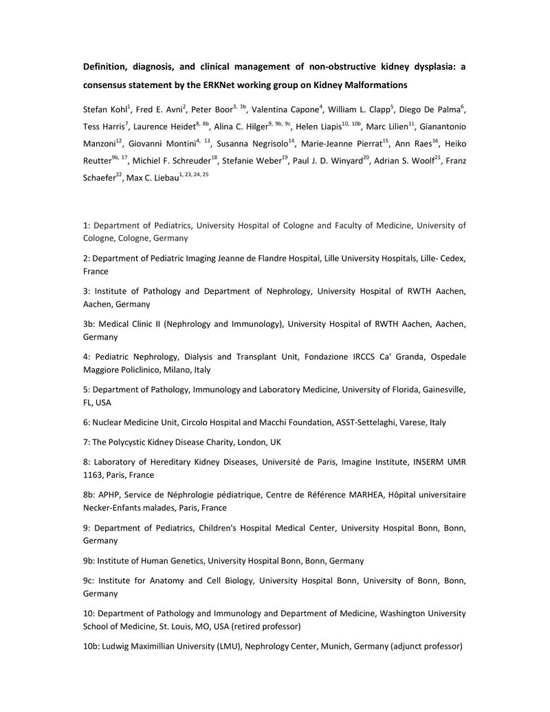 ERKNet：非梗阻性肾脏发育不良的定义、诊断和临床管理的共识声明（2022）
