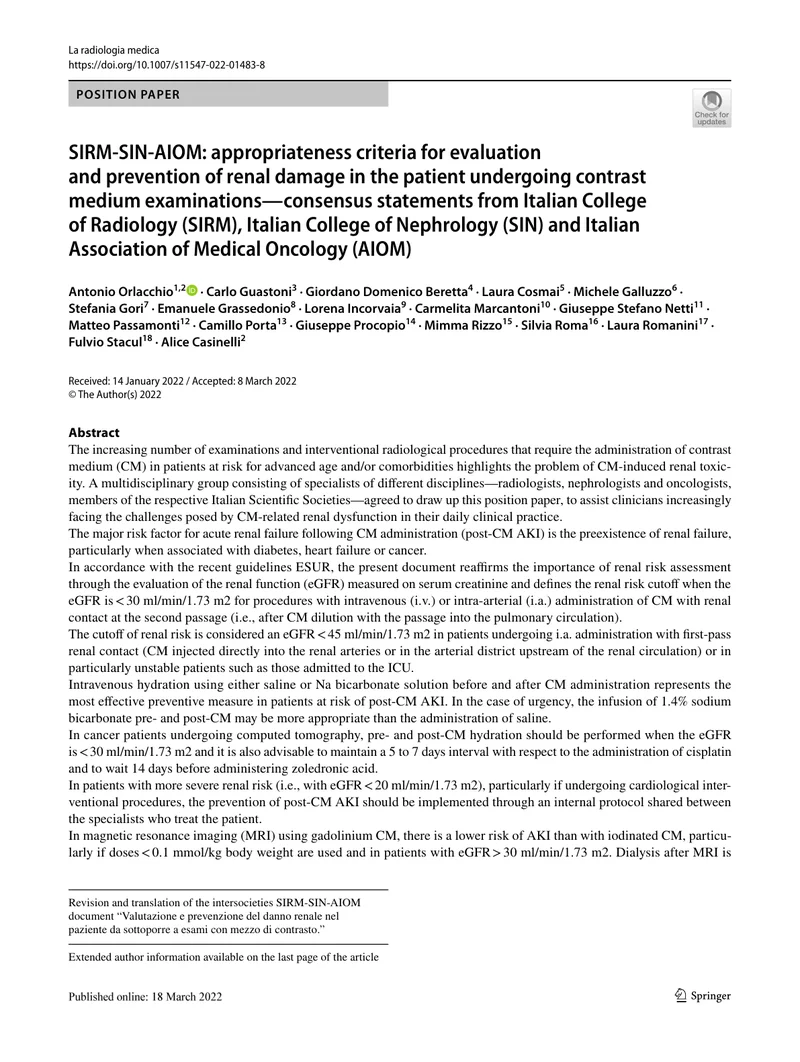 SIRM_SINAIOM：用于评估和预防接受造影剂检查患者肾损害的适宜性标准的共识声明（2022）