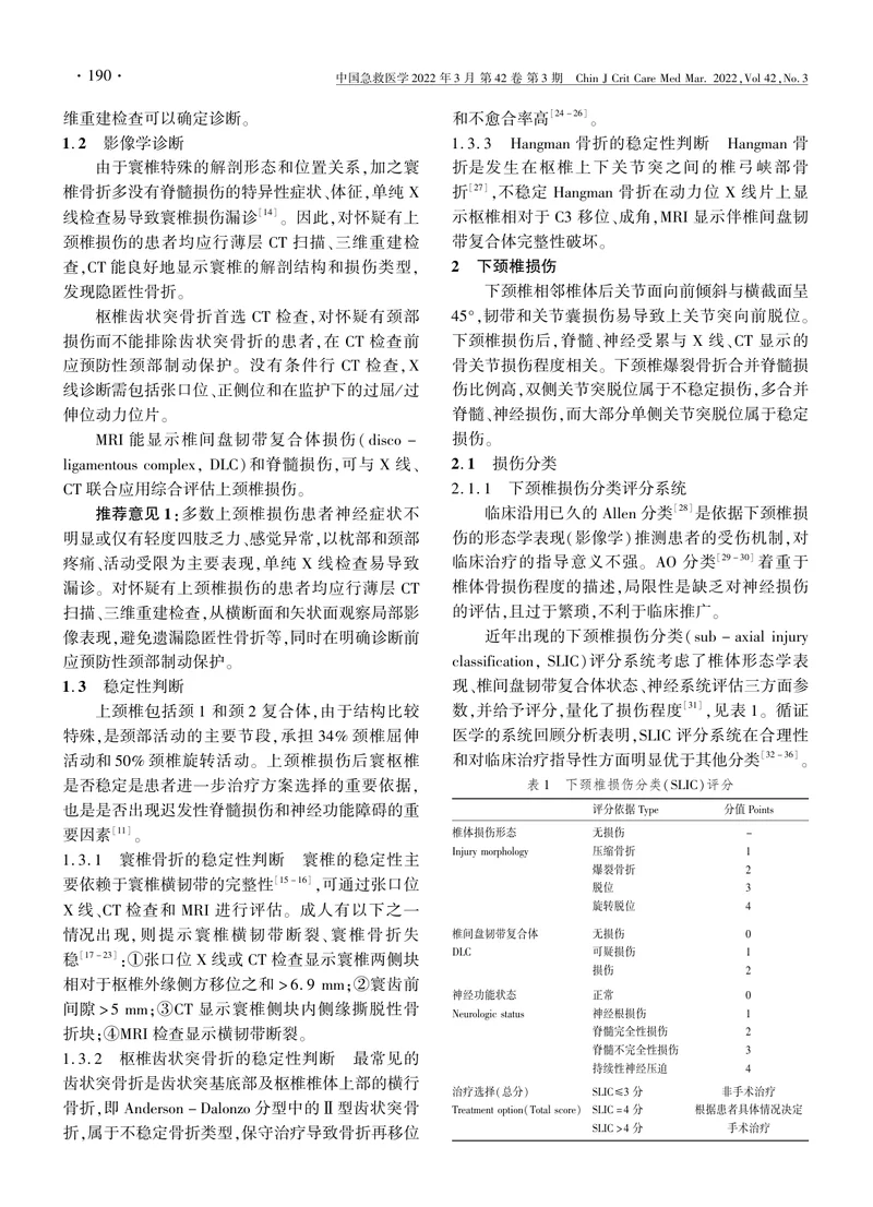 成人颈椎损伤急诊诊治专家共识（2022）