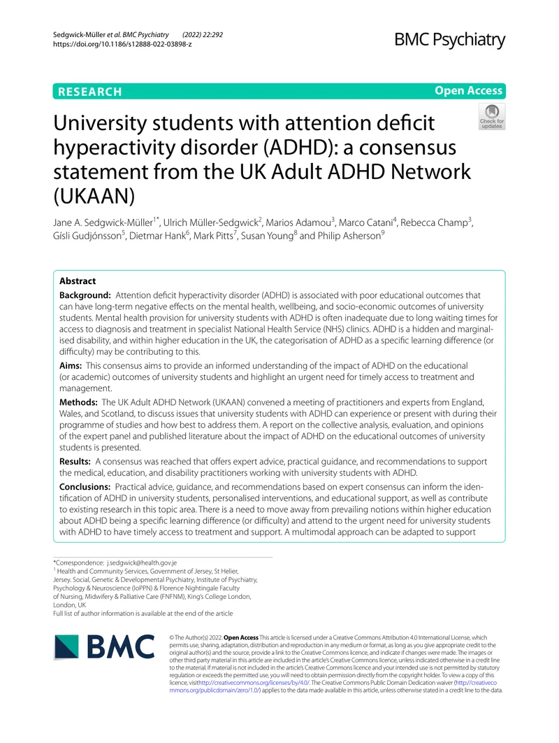 UKAAN：大学生注意缺陷多动障碍的共识声明（2022）
