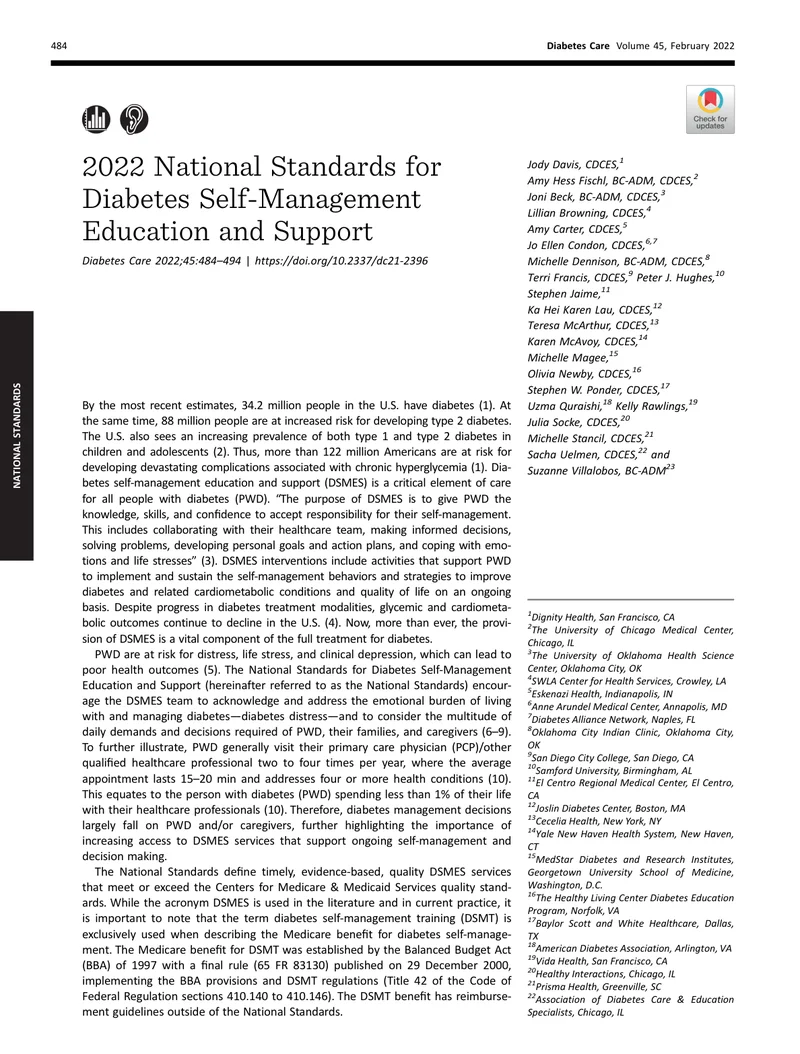 ADA：糖尿病的自我管理教育和支持的国家标准（2022）