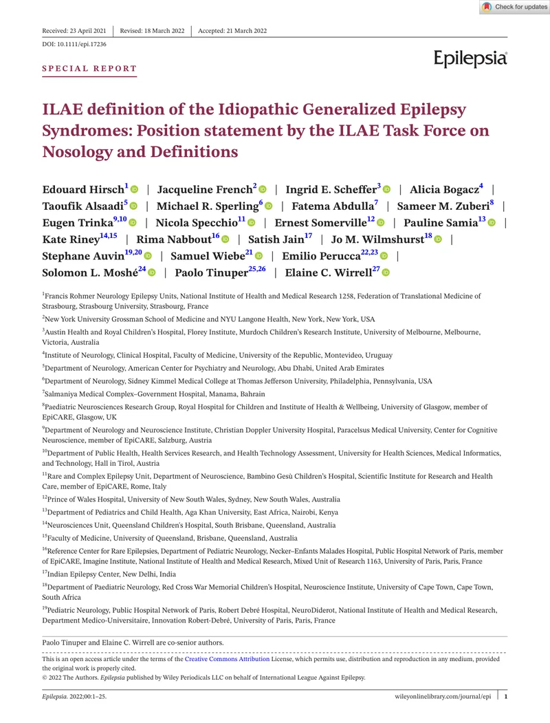 ILAE：特发性全身性癫痫综合征的定义的立场声明（2022）