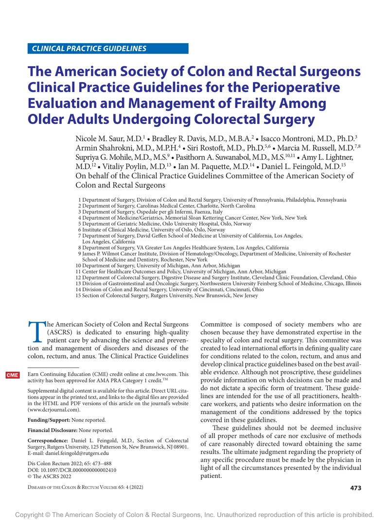 ASCRS：结直肠手术围术期的老年患者虚弱状态的评估和管理的临床实践指南（2022）
