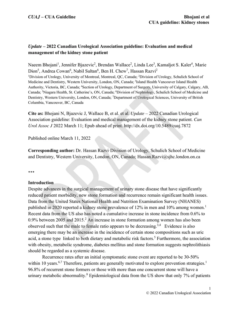 CUA：肾结石患者的评估和医学管理指南（2022）