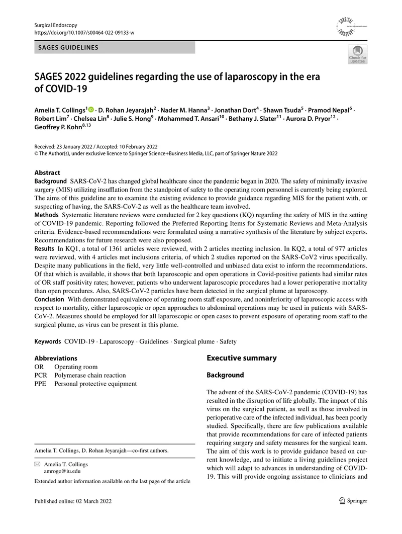 SAGES：COVID-19时代腹腔镜手术的应用指南（2022）