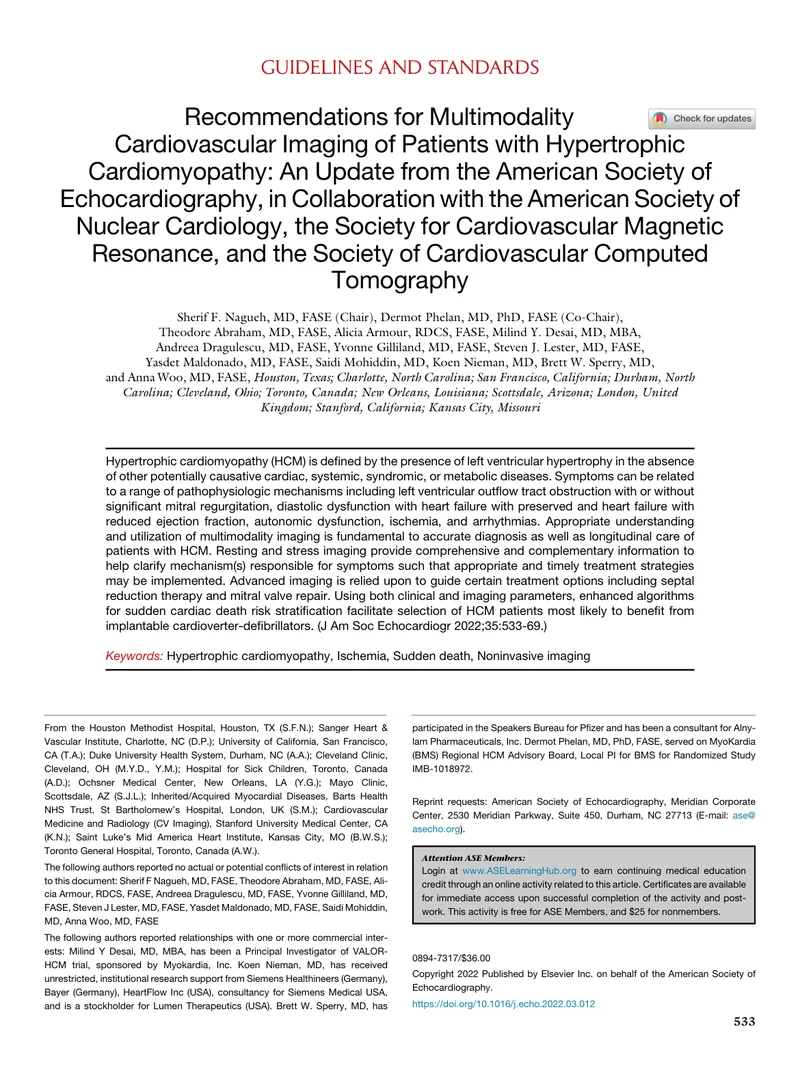 ASE ASNC SCRM SCCT：肥厚型心肌病患者多模式心血管影像学检查的建议（2022）