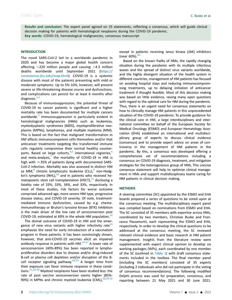 ESMO_EHA：COVID-19流行期间血液肿瘤患者管理的跨学科专家共识（2022）