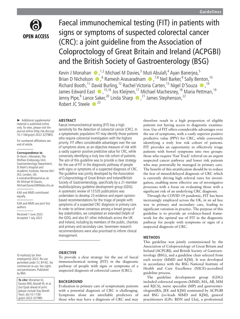 ACPGBI BSG：具有疑似结直肠癌症状和体征患者的粪便免疫化学检测指南（2022）