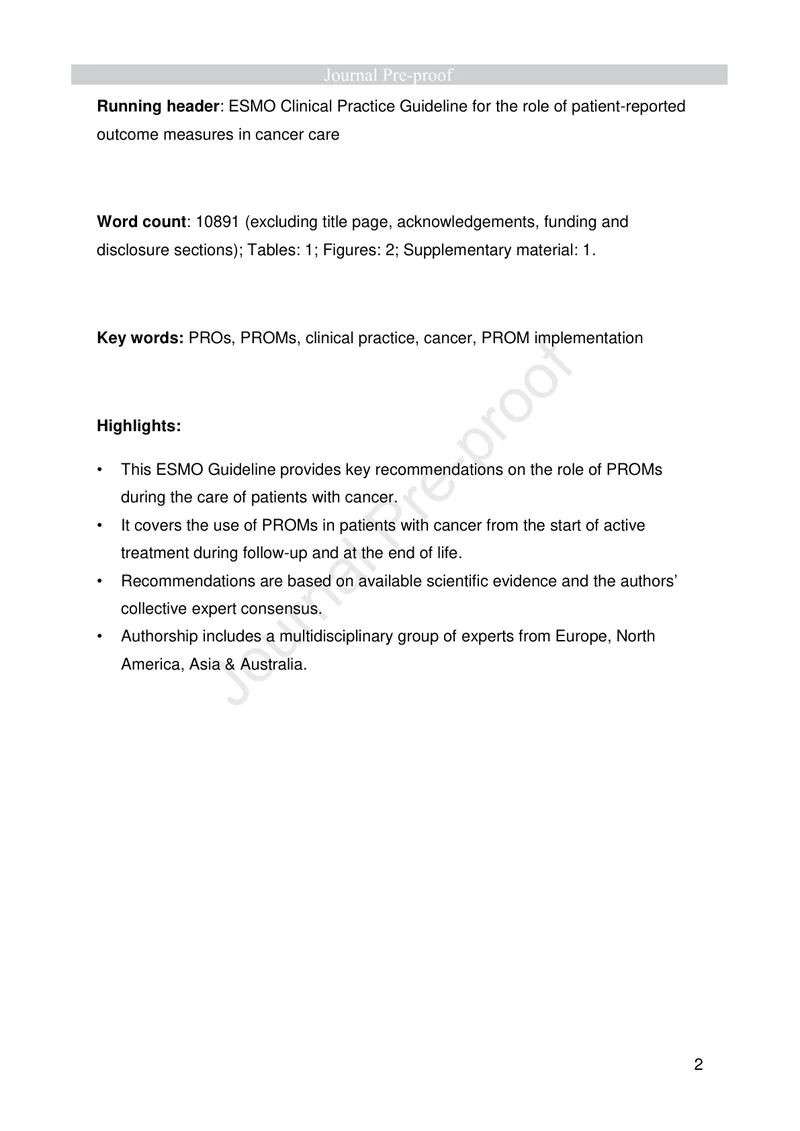ESMO：癌症临床护理连续性中患者自我报告结局测量的作用的临床实践指南（2022）