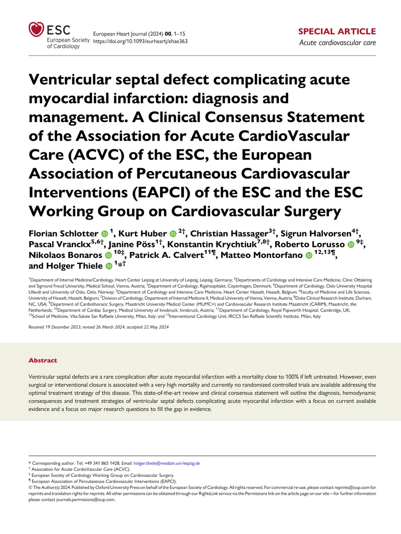 2024+ACVC／EAPCI临床共识声明：室间隔缺损并发急性心肌梗死的诊断和管理