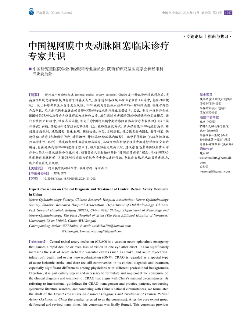 中国视网膜中央动脉阻塞临床诊疗专家共识2024