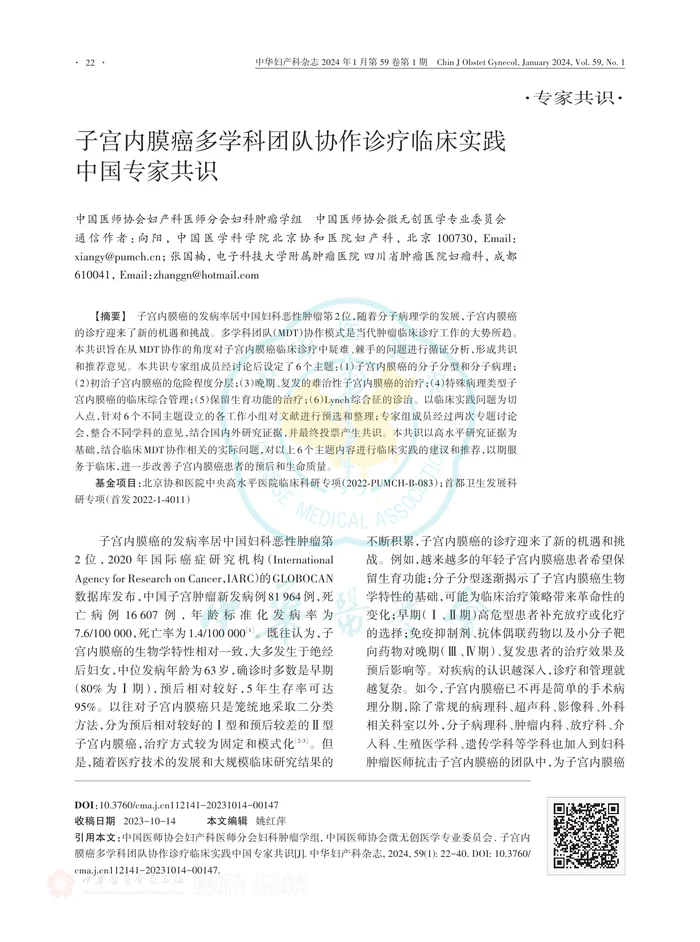 子宫内膜癌多学科团队协作诊疗临床实践中国专家共识