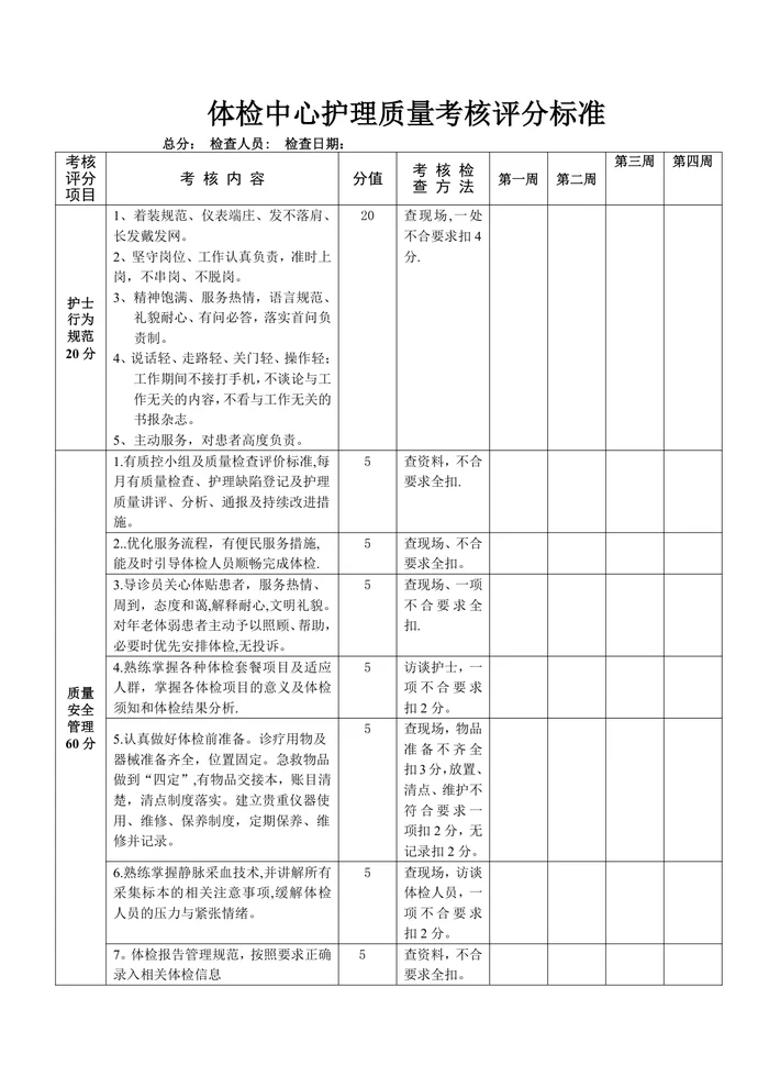 体检中心护理新考核标准